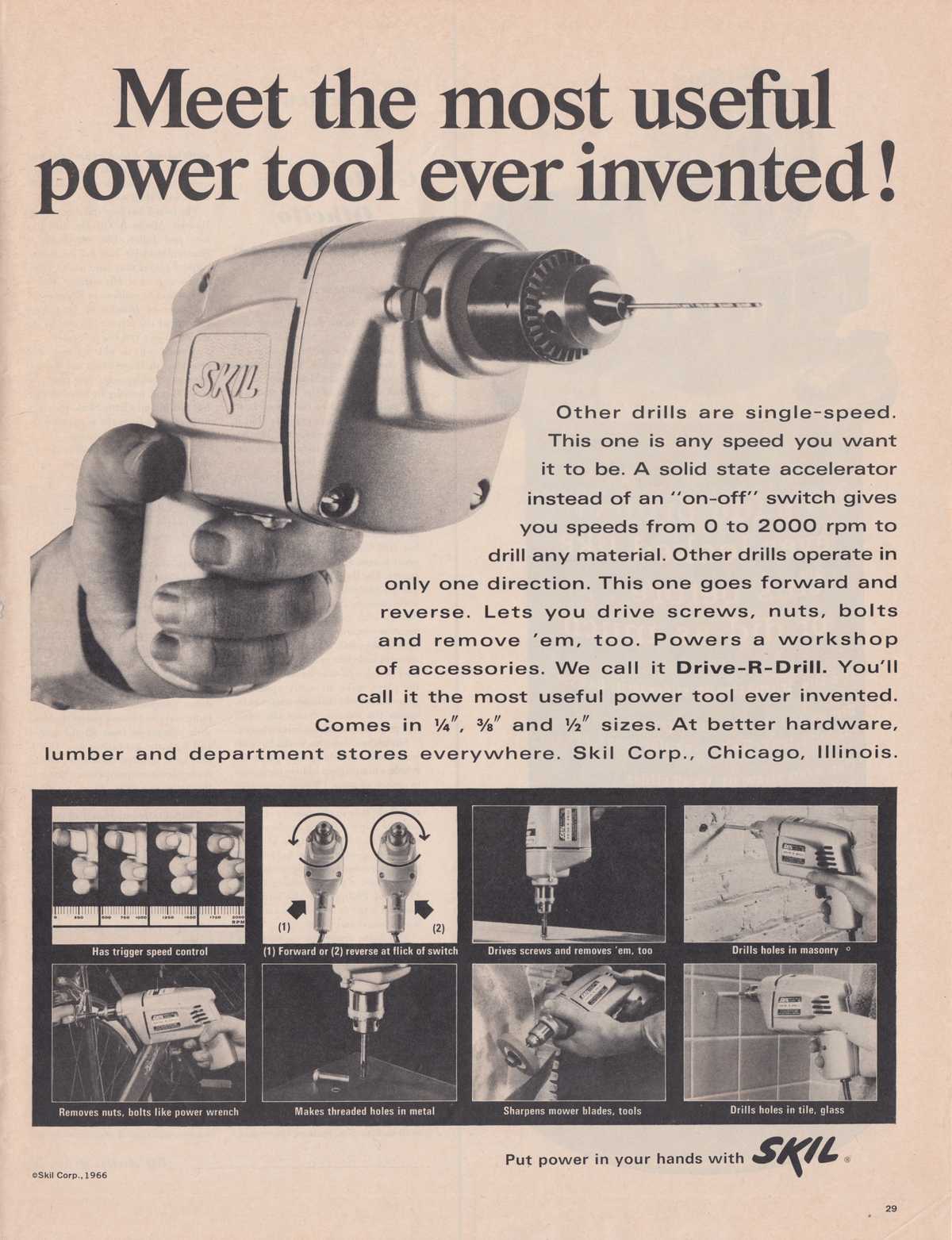 A 1960s printed advertisement for a power drill