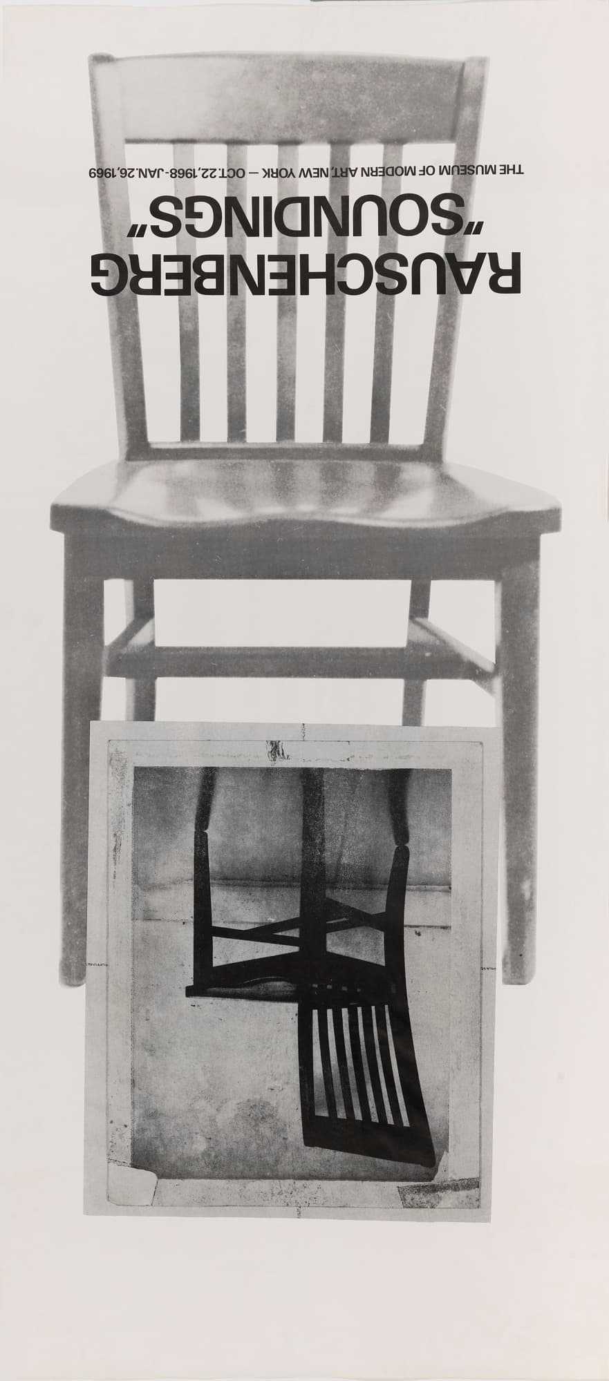 An exhibition poster with two chairs on a white background