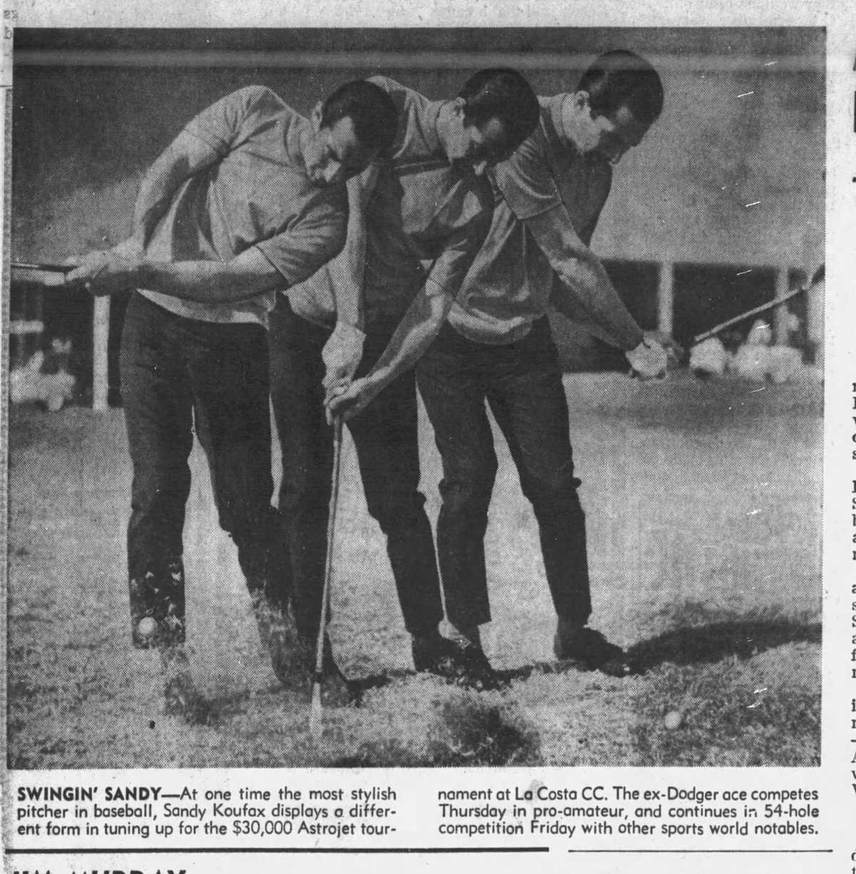 A newspaper photograph of a man in three different golf swing positions