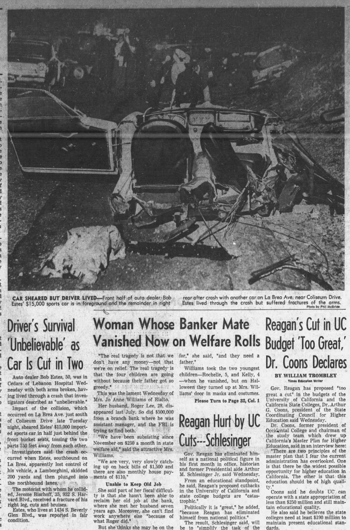 A newspaper photograph of a car crash