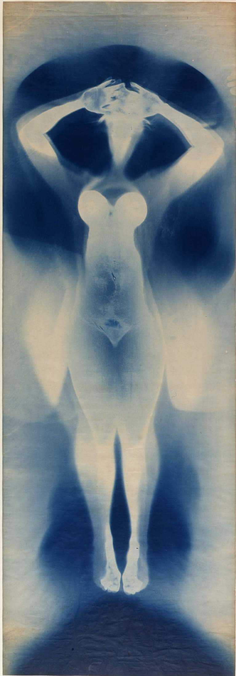 A scan of a naked woman's body in blue and white