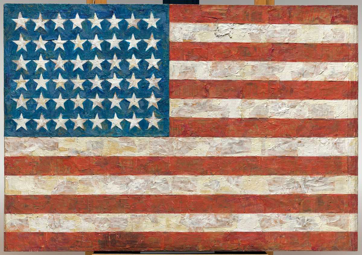 A painting of an American flag with obvious clumpy oil paint texture